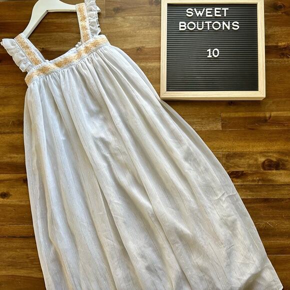 Sweet Boutons White Gold Sleeveless Summer Cotton Maxi Dress Handmade Teen 10 - Picture 1 of 6